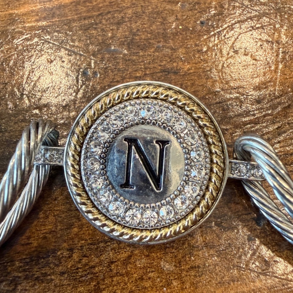 Initial N Cable Bangle Bracelet Rhinestone Two Tone Magnetic Clasp‎